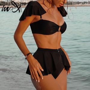 In-X Black swimsuit with skirt Sexy high waist bikini 2020 Ruffle swimsuit female swimwear women Off shoulder retro bathing suit