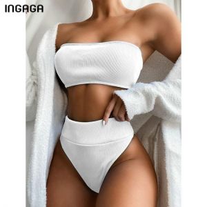 INGAGA High Waist Bikinis Bandeau Swimsuits Swimwear Women Black Strapless Biquini High Cut Bathing Suit Women 2021 Beachwear