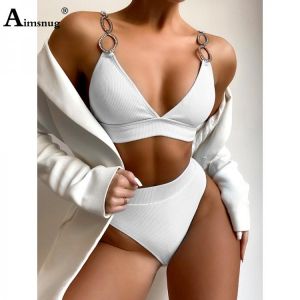 Women Fashion Metal Connect Bikini Sets High Cut Swimsuit Sexy Femme Push Up Two Pieces Swimwear 2021 Brazillian Style Beachwear