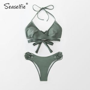 SEASELFIE Dusty Green Strappy Wrap Low-waist Bikini Sets Women Sexy Two Pieces Swimsuits 2021 Girls Swimming Suit Swimwear