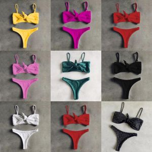 ZTVitality Sexy Solid Bow Bikinis Push Up Bikini 2021 Straps Padded Low Waist Swimsuit Bandage Swimwear Women Brazilian Biquini