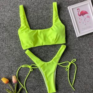 2021 NEW Neon Green High Leg Cut Bikini Female Thong Swimsuit Women Brazilian Swimwear Two-pieces Bikini set Bather Bathing Suit