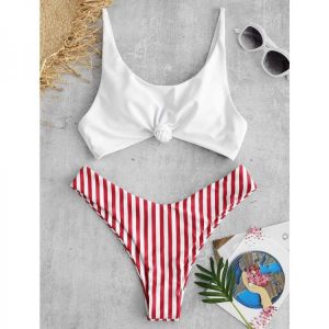 Sexy micro Bikini 2021 Women Swimsuit Scoop Neck Striped Swimwear Knot Bow fringe Summer Beachwear Bathing Suit Push Up Biquini