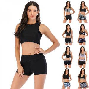 Plus Size Bikini Women Solid Swimwear Sport Style Swimsuit Shorts Biquini High Waist Tankini Crop Top Bathing Suit High Neck Pad