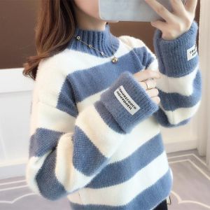 Sweater Women Turtleneck Pullover Jumper Stripe Thick Sweater Imitated Mink Wool Sweater Sweter Women Clothes Vestidos LXJ9005