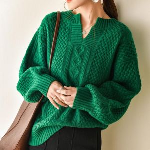 2020 Autumn Winter Cashmere Sweater Woman Retro Green V-neck Pullover Turtleneck Clothes Women Oversized Knitted Long Sleeve