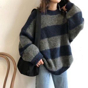 Women Sweater Oversized Knitted Sweater Striped Knit Pullover Loose Jumper Long Sleeve 2021 Autumn Winter Casual Thicken Women