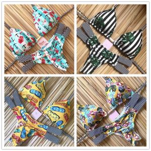 Sexy Halter Swimsuit Women Thong Micro Bikini Push Up 2020 Brazilian Bikini Tropical Plant Print Swimwear String Mini Swimsuit
