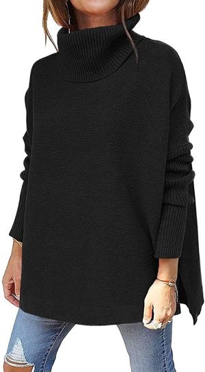 LILLUSORY Women's Turtleneck Oversized Sweaters 2021 Fall Long Batwing Sleeve Spilt Hem Tunic Pullover Sweater Knit Tops