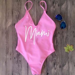 Female Thong Padded Sexy One Piece Swimsuit Miami HOLA Beaches Women Fused Swimwear Backless Bather Monokini Beachwear