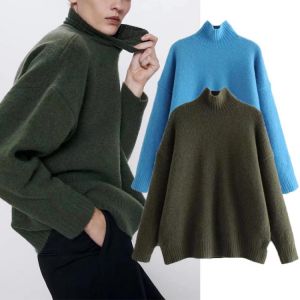 ZA Autumn Winter Women Soft Knitted Sweater 2021 High Collar Warm Oversized Pullover Solid Loose Casual Street Outwear Two Color