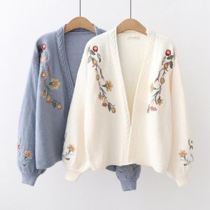 Spring Lantern Sleeve Flower Embroidery Knitting Sweater Cardigans Autumn Preppy Style Mori Girl Student V-neck Loose Cardigan