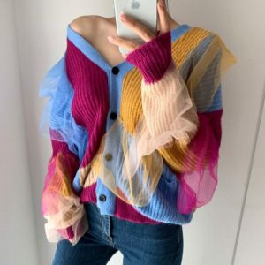 [EWQ] 2021 Autumn Women New Loose Single Breasted Versatile Long Sleeve Panelled Patchwork Top Knitted Cardigan Sweater 8D731