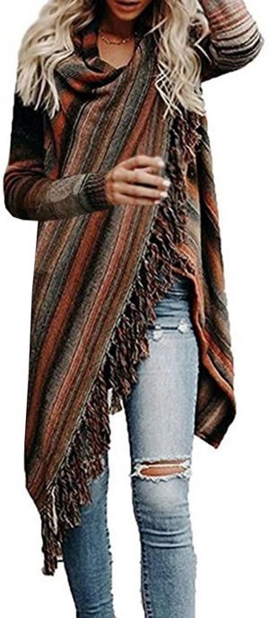Women's Open Front Knited Tassels Slash Loose Cardigan Crew Neck Speckled Fringe Sweater Outwear