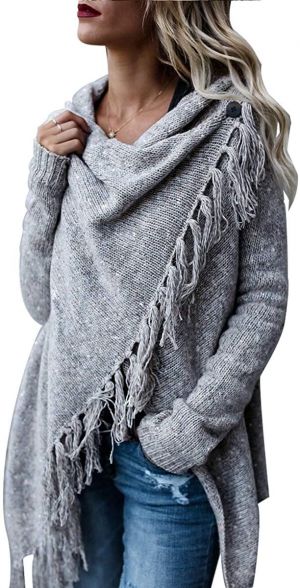 CEASIKERY Women's Tassel Hem Sweater Long Cardigan Knitwer Pullover Poncho Coat