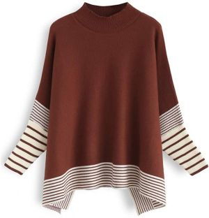 CHICWISH Women's Mustard/Black/Caramel/Olive/Grey Striped Oversize Soft Knit Cape Sweater Pullover
