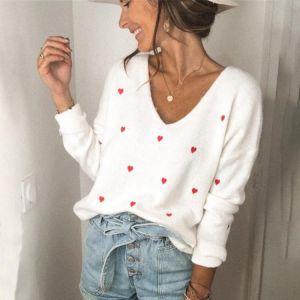 Fitshinling V Neck Embroidery Heart Sweater Women Pullover Knitwear Korean Style Kawaii Jumper Winter Casual Sweaters Tops Sale