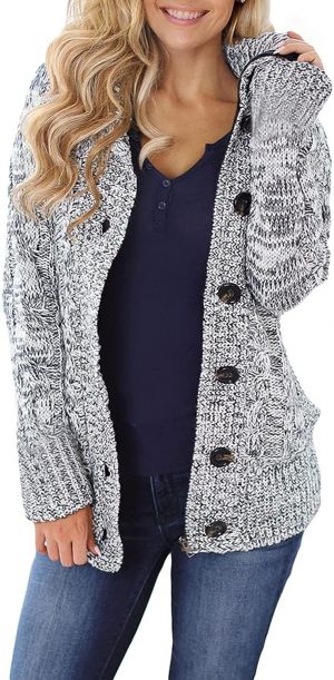 Sidefeel Women Hooded Knit Cardigans Button Cable Sweater Coat