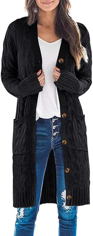 MEROKEETY Womens Long Sleeve Cable Knit Long Cardigan Open Front Button Sweater Outerwear
