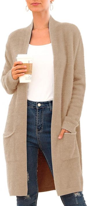 QIXING Women's Casual Open Front Knit Cardigans Long Sleeve Plush Sweater Coat with Pockets
