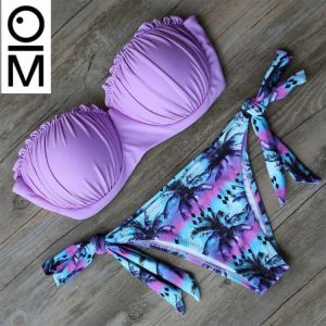 Women Swimsuit Frilled Textured Strapless Bikini Set Women's Swimwear Padded Low Waist Ruffle Bandeau Bikini short Swimming S
