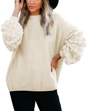 Sovoyontee Women's Cute Oversized Crewneck Loose Puff Sleeves Chunky Knit Pullover Sweater