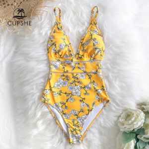 CUPSHE Sexy Yellow Pear Blossom Floral Print One-Piece Swimsuit 2021 New Women Boho Bathing Suits Swimwear