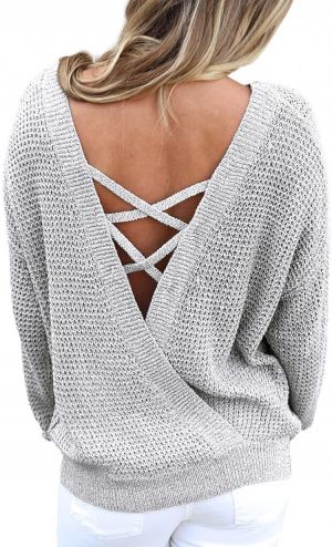 Asvivid Criss Cross V Back Sweaters for Women Long Sleeve Crewneck Knitted Pullover Casual Loose Jumper Tops