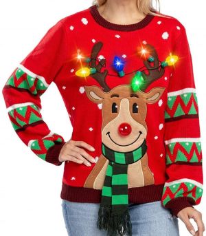Womens LED Light Up Reindeer Ugly Christmas Sweater Built-in Light Bulbs
