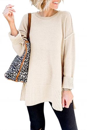 MEROKEETY Women's Casual Crew Neck Side Split Pullover Sweater Loose Long Sleeve Jumper Top