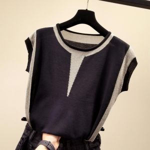 Korean patchwork Ice silk knitted sweater women o-neck short sleeve pullover fashion loose 2021 spring summer new arrival tops