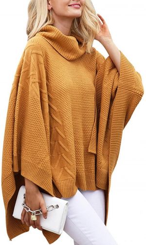 BerryGo Women's Chic Turtleneck Batwing Sleeve Asymmetric Knitted Poncho Pullovers Sweater