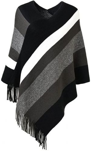 Ferand Women’s Elegant Knitted Poncho Top with Stripe Patterns and Fringed Sides