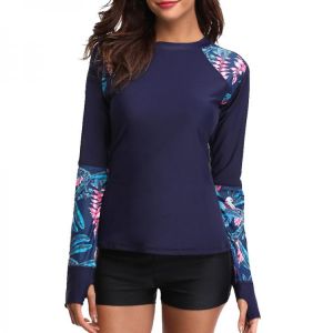 Women Plus Size 2XL Long Sleeve Rashguard Swimwear Floral Print Swimsuit Running Biking Shirt Surfing Top Rash Guard UPF 50+