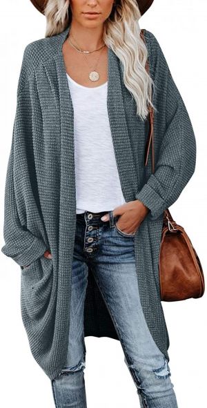 MEROKEETY Women's Waffle Knit Batwing Long Sleeve Cardigan Loose Open Front Sweater Coat