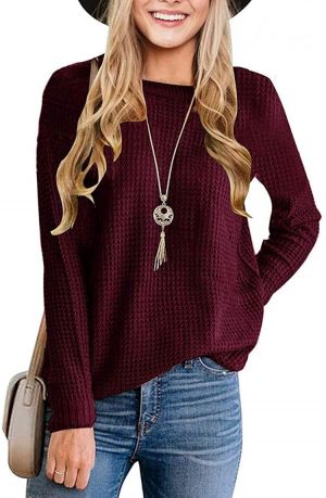 MEROKEETY Women's Long Sleeve Waffle Knit Sweater Crew Neck Solid Color Pullover Jumper Tops