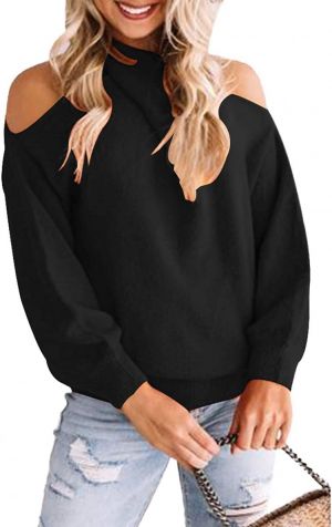 Angashion Women's Sweaters Casual Off Shoulder Tops Crossed V- Neck Long Sleeve Crop Halter Pullover