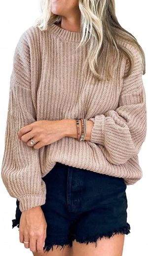 PRETTYGARDEN Women's Crew Neck Loose Drop Shoulder Lantern Sleeve Casual Solid Color Knit Pullover Sweater