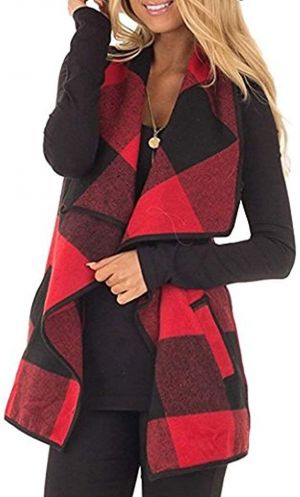 Unidear Womens Casual Lapel Open Front Plaid Vest Cardigan Coat with Pockets