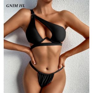 GNIM Sexy Hollow Out Swimwear Women Push Up Bikini Mujer 2021 One Shoulder Solid Thong Swimsuit Female 2 Piece Micro Bather Suit