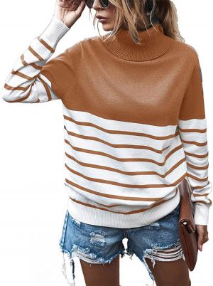 KIRUNDO 2021 Women’s Turtleneck Knitted Sweater Long Sleeves Stripe Color Block Patchwork Loose Ribbed Pullover Jumper Tops
