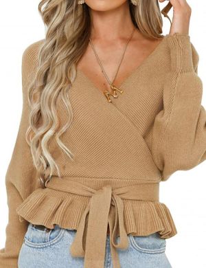 ZESICA Women's Wrap V Neck Long Batwing Sleeve Belted Waist Ruffle Knitted Sweater Pullover Top
