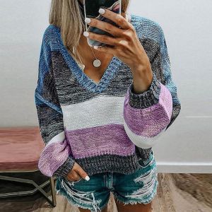 Fashion Women Striped Sweater Autumn Winter V Neck Long Sleeve Sweater Loose Knit Pullover Patchwork pull femme jersey mujer