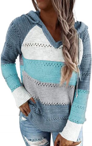 Biucly Women's Color Block Knit Hoodies Sweaters Loose Long Sleeve V Neck Drawstring Pullover Sweatshirts(S-3XL)