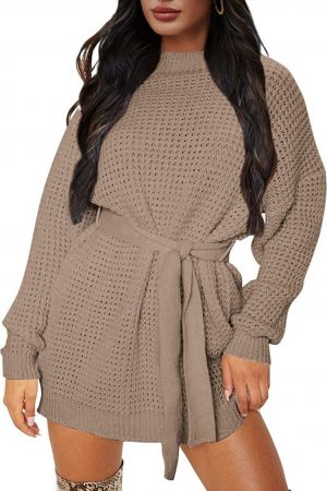 ZESICA Women's Long Sleeve Solid Color Waffle Knitted Tie Wasit Tunic Pullover Sweater Dress