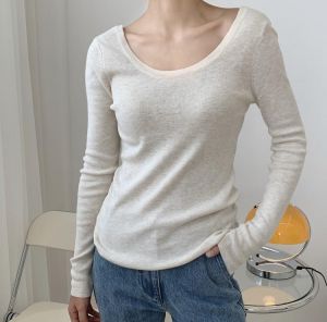 Knit V Back Cotton Scoop Neck Tops Women Slim Fit Knitwear Thin One Size