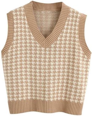Sdencin Women Houndstooth Pattern Knit Sweater Vest Sleeveless Loose V-Neck 90s Waistcoat Pullover Knitwear Top