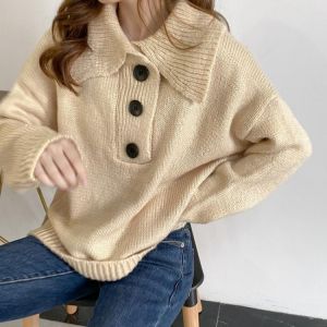 PEONFLY Chic Casual Autumn Winter Sweater Women Turn Down Collar Solid Knit Loose Pullover Female Long Sleeve Warm Jumper