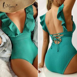 Miyouj Ruffle Swimsuit Women'S Swimwear Plus Size Black Back String Monokini Ribbed Fabric Beachwear Solid Bath Suits One Pie