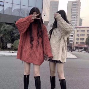 Thick sweater women's autumn and winter new loose large version large size lazy wind twist hedging mid-length knit sweater tr